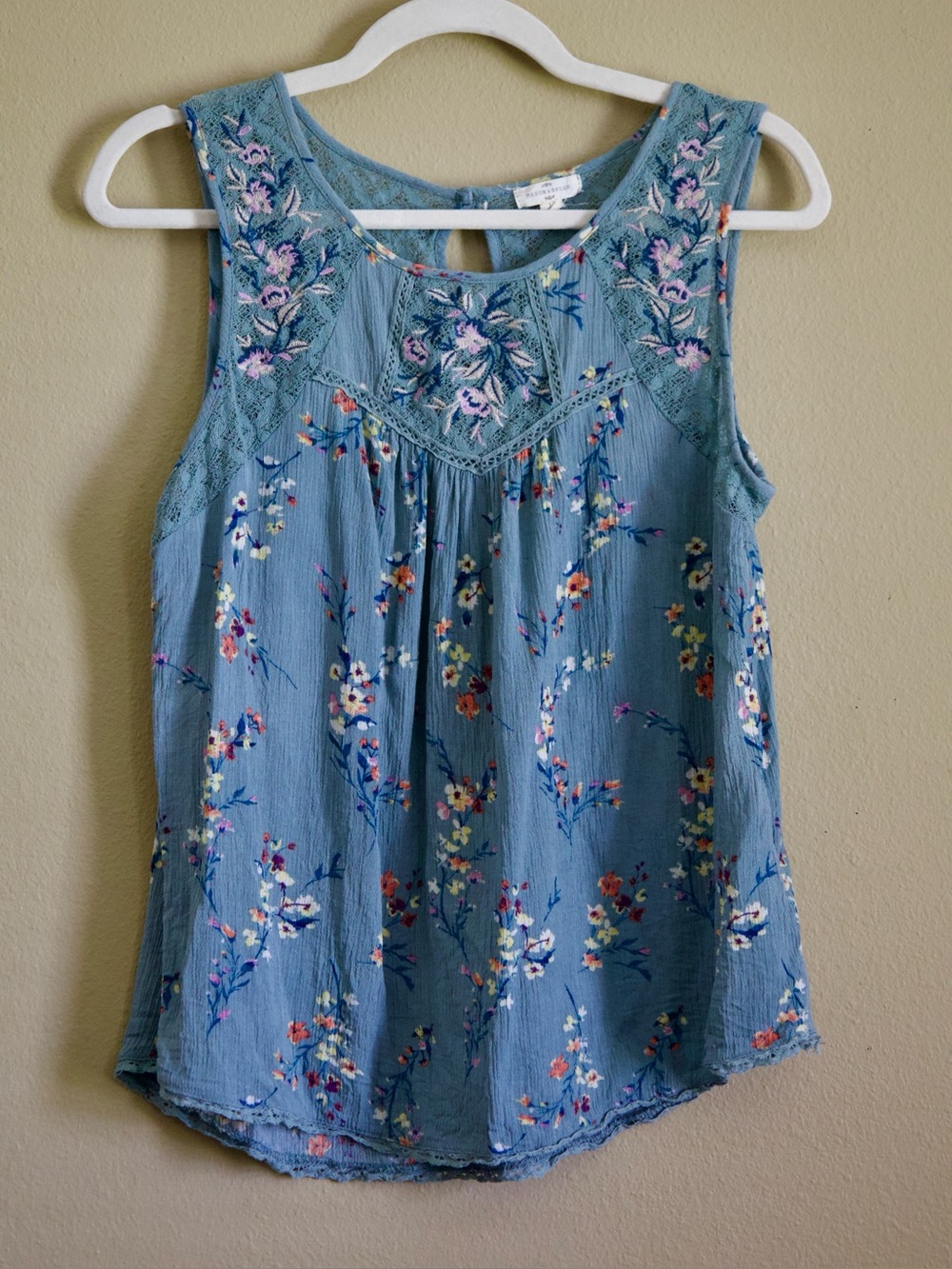 Mason & Belle Blue Floral Embroidered Lace Tank Top Large